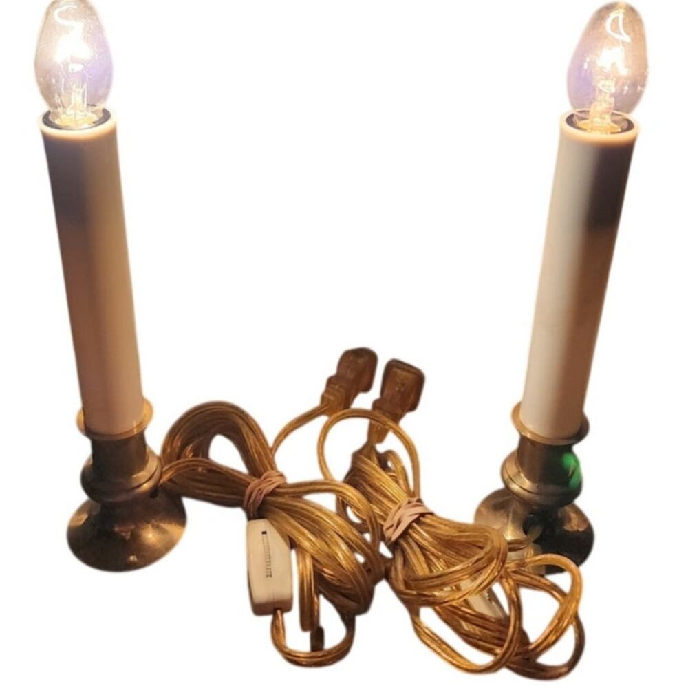 Vintage Brass Set of 2 Welcome Window Candles Christmas Candelabra